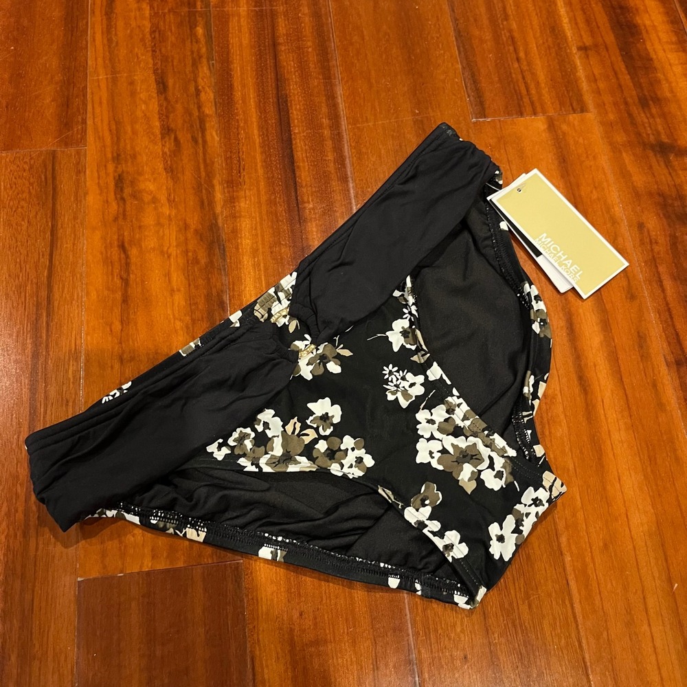 Michael Kors Bikini Bottom Black Ivy Olive Green Floral Print Swim New Sz Small